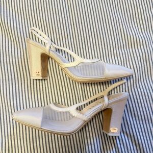Pointed Mesh Slingback Block Heel Pumps in Cream